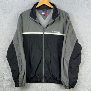 Tommy Hilfiger Jacket Full Zip Men Medium Gray Black Colorblock Logo Windbreaker